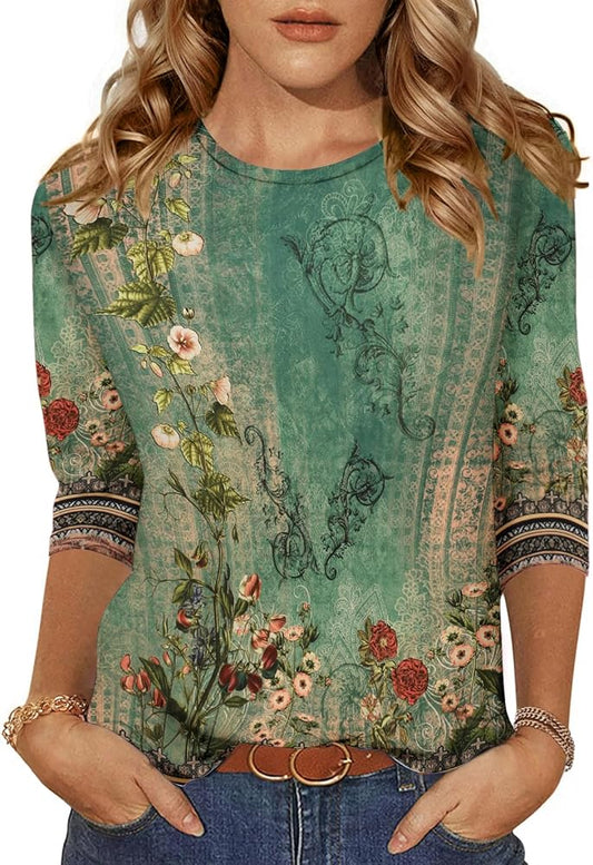 Women's Casual 3/4 Sleeve T-Shirts Crew Neck Cute Tunic Tops Basic Tees Blouses Loose Fit Business Work Tee Tops S-3XL